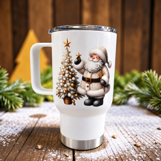Cestovní termohrnek „Vánoční Santa se zlatým stromečkem“ – 450 ml